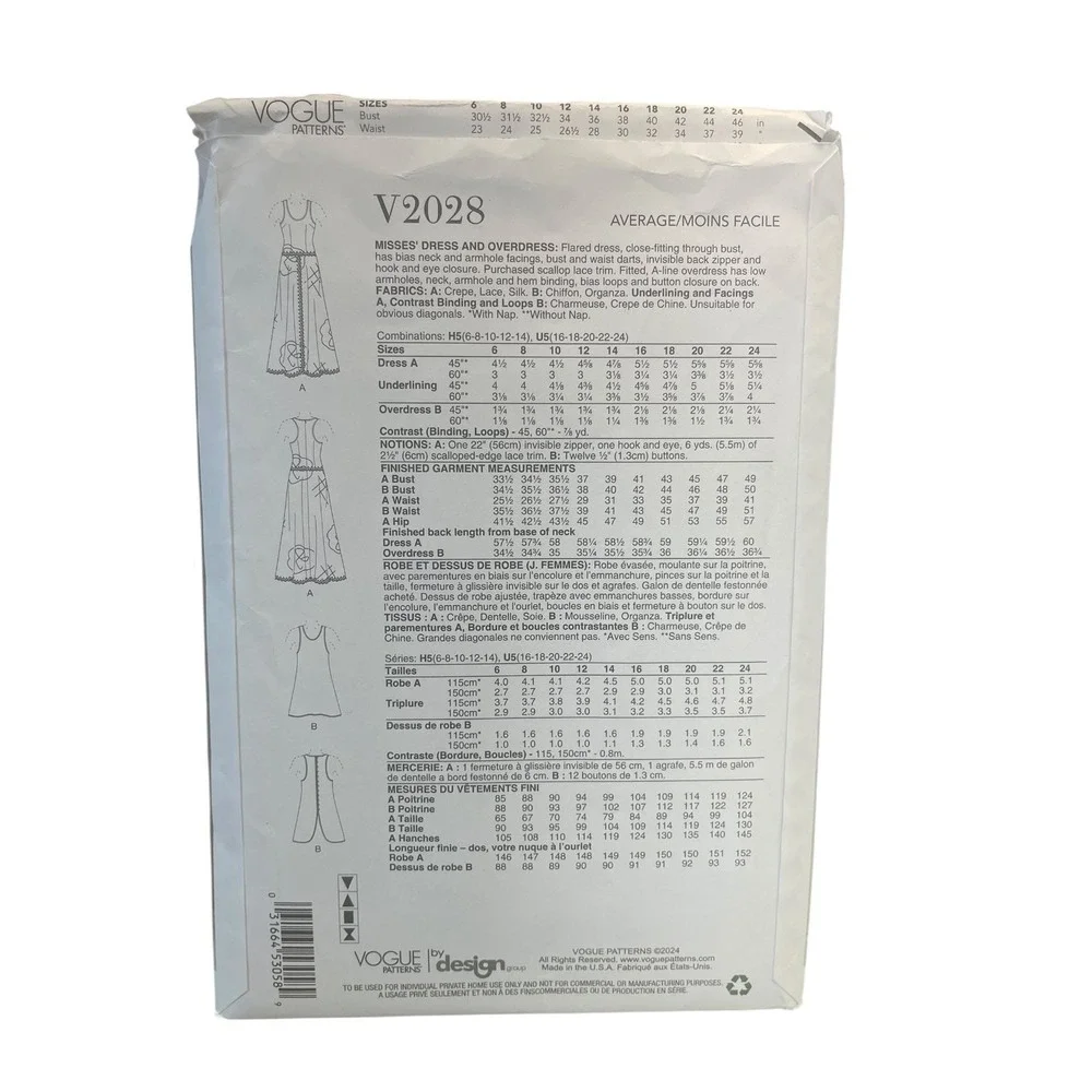 VOGUE‎ V2028 Dress Overdress H5 (6-8-10-12-14) Misses Contemporary